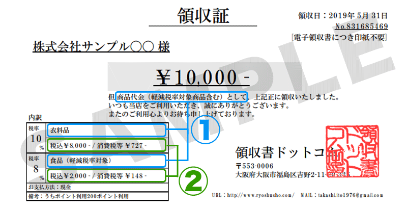 軽減税率領収証サンプル